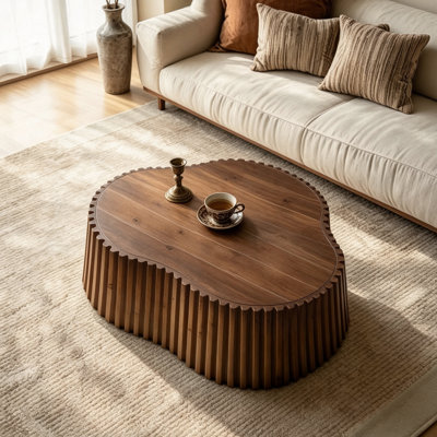 Scalloped Coffee Table with Wood Veneer Top and Fluted Pine Sides