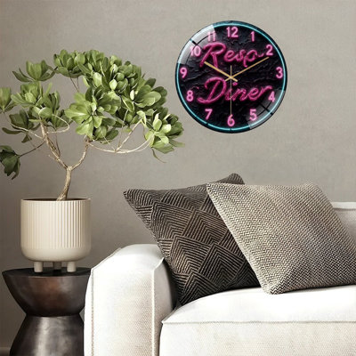 Resp Diner  Neon Style Clock Sign Art - 12'' Modern Glass Wall Clock