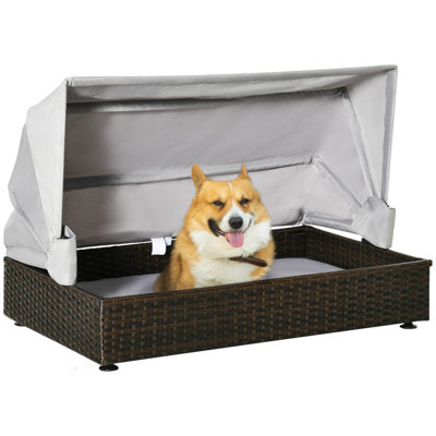 Rattan Pet Bed, Elevated Sofa with Foldable Canopy, for Small or Medium Pets, Indoor/Outdoor Use, Coffee