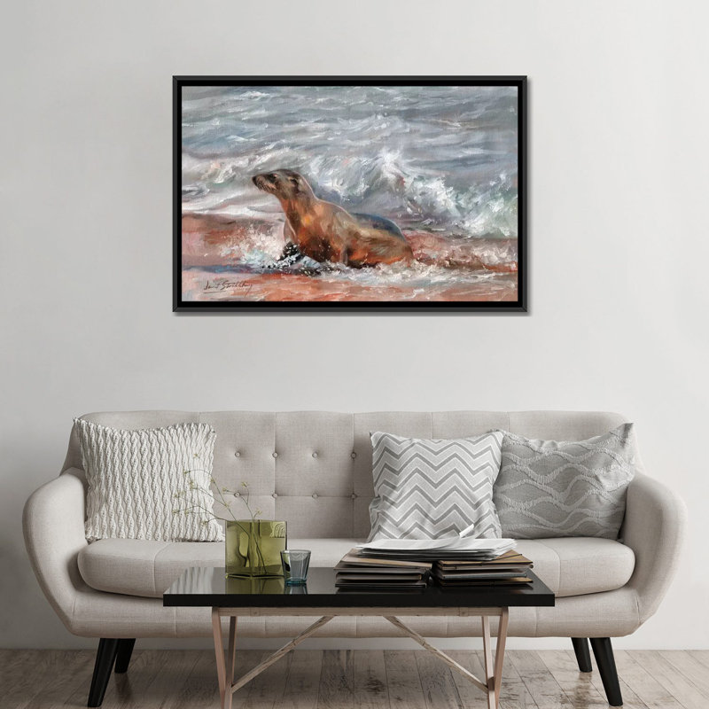 « sea lion », impression sur toile, H 18 po x l 26 po x P 1,5 po, Toile avec cadre noir, Pas de tapis