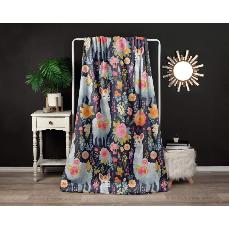 Throw Blanket, 68" W x 80" L, Animal Print/Floral, White/Pink/Orange/Black