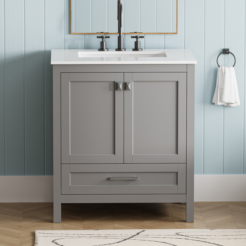 Meuble-lavabo autoportant de 30 po avec lavabo, comptoir en marbre d'ingénierie Carrara avec lavabo rectangulaire encastré en céramique, grande porte de rangement à fermeture en douceur, structure en bois massif
