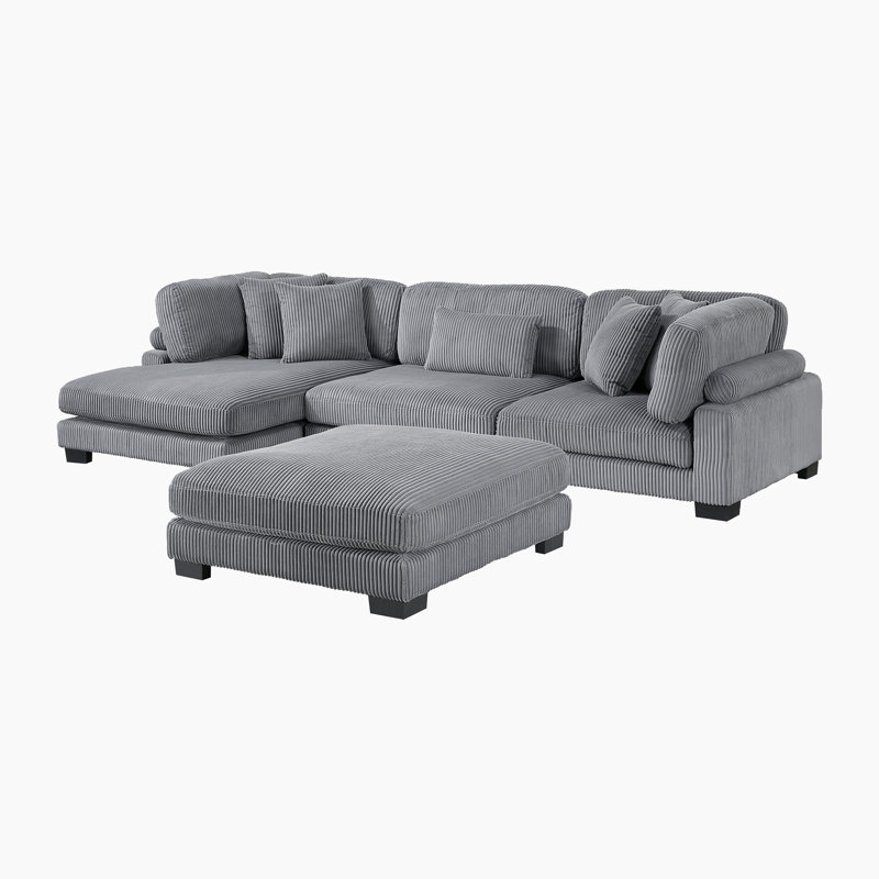 Hulett 135" Modern Modular Sectional with Corduroy Fabric, Adjustable Backrests & 5 Pillows, 34.5" H x 135" W x 70" D