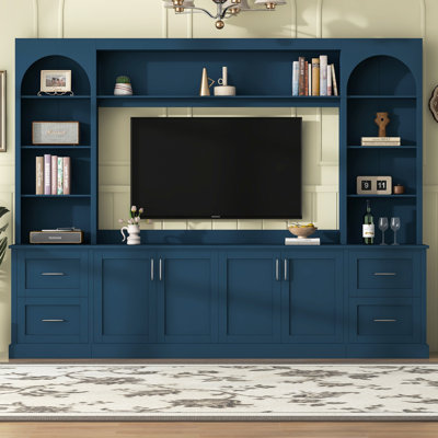 Meuble télé avec tiroirs, meuble télé de style campagne avec trous de câble pour téléviseur de 65 po ou moins, console de télévision tout-en-un multifonctionnelle avec tablettes réglables pour le salon, bleu