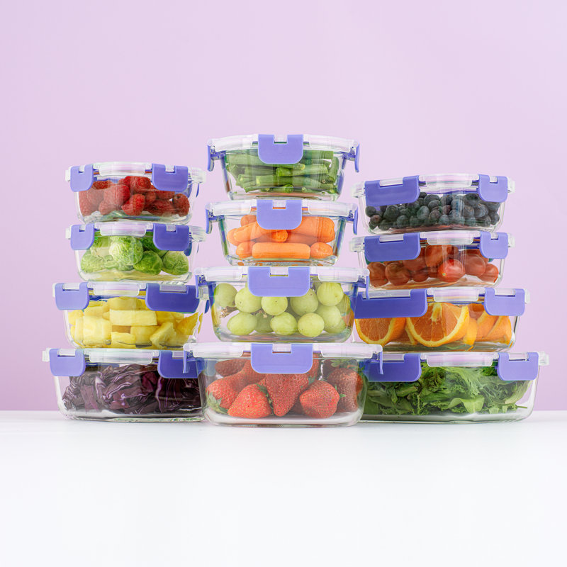 JoyJolt 24-Piece Glass Storage Container Kitchen Food Storage Set with Lids, Purple