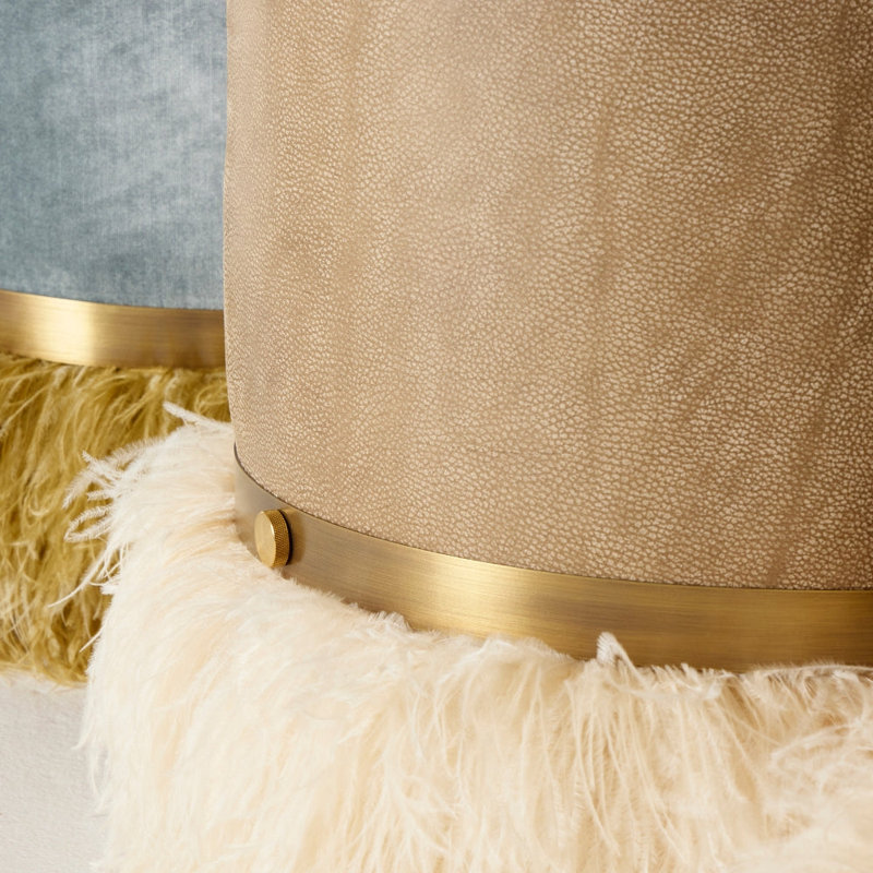 Leather Ostrich Fluff Pouf, Taupe/Cream