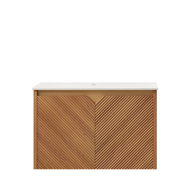 Linea 24" Floating Bathroom Vanity Cabinet With Twill Solid Wood Veneer Doors, Metal Trim, Sintered Stone Top, Brown Oak Woodgrain Plywood Cabinet, Sink Not Included