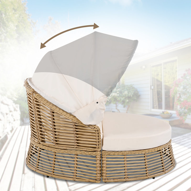 Lit de jour d'extérieur rond en rotin convertible, auvent réglable avec canapé de patio 5 coussins