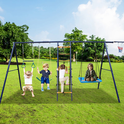6 In 1 Backyard Swing : Climbing , Net, Trapeze, , Belt Swing, Hoop - Solid Steel Base, High Load Carabiners, Easy To Assemble With Trapeze Bar, Multicolor, Promote Outdoor Creativity