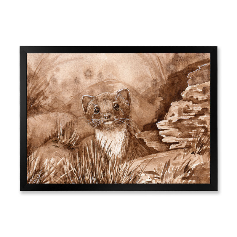 Wild Weasel in the Forest - Peinture sur toile, H 12 po x l 20 po, Cadre noir