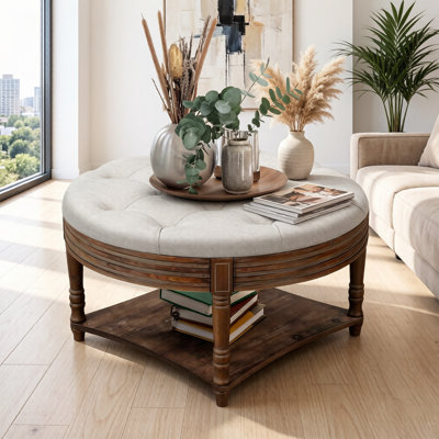 Table basse ottomane à deux niveaux avec rangement dissimulé, pouf de rangement capitonné pour salon ou chambre, gris pâle