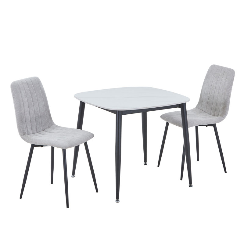 Aspen Sintered Stone Square Table with 2 Straight Stitch Upholstered Fabric Chairs - Modern Dining Set, Light Grey