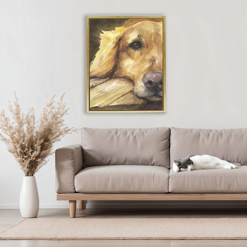 Cadre flottant Sight of Golden Retriever, design par George Dyachenko, H 31 po x l 25 po, Cadre flottant métallique doré