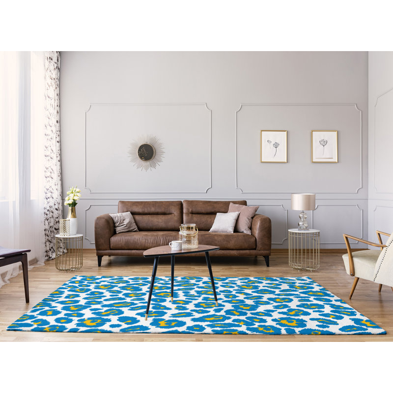 Imprimé animal blanc/bleu/jaune Tapis décoratif, Rectangle 9 pi x 12 pi