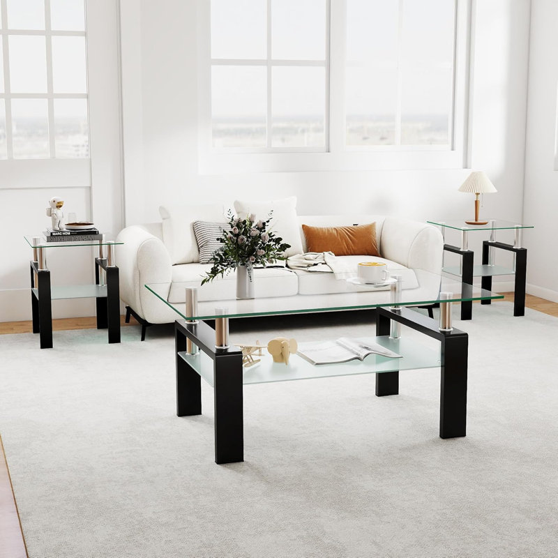 Ensemble de 3 tables basses pour salon, ensemble de 3 tables basses rectangulaires modernes en verre trempé (3 transparentes)