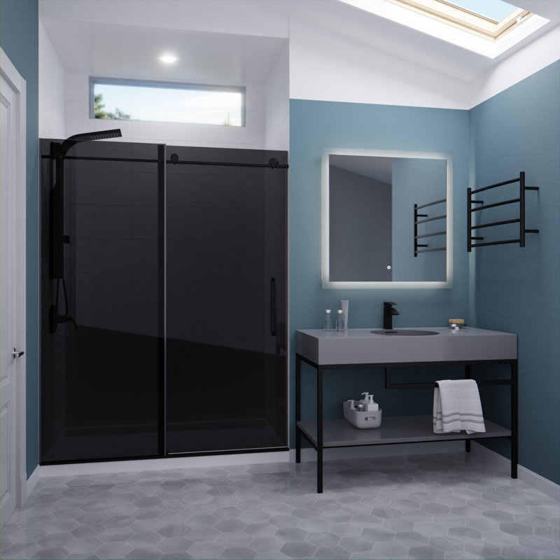 Porte de douche coulissante sans cadre l 60 po x H 76 po, Noir mat