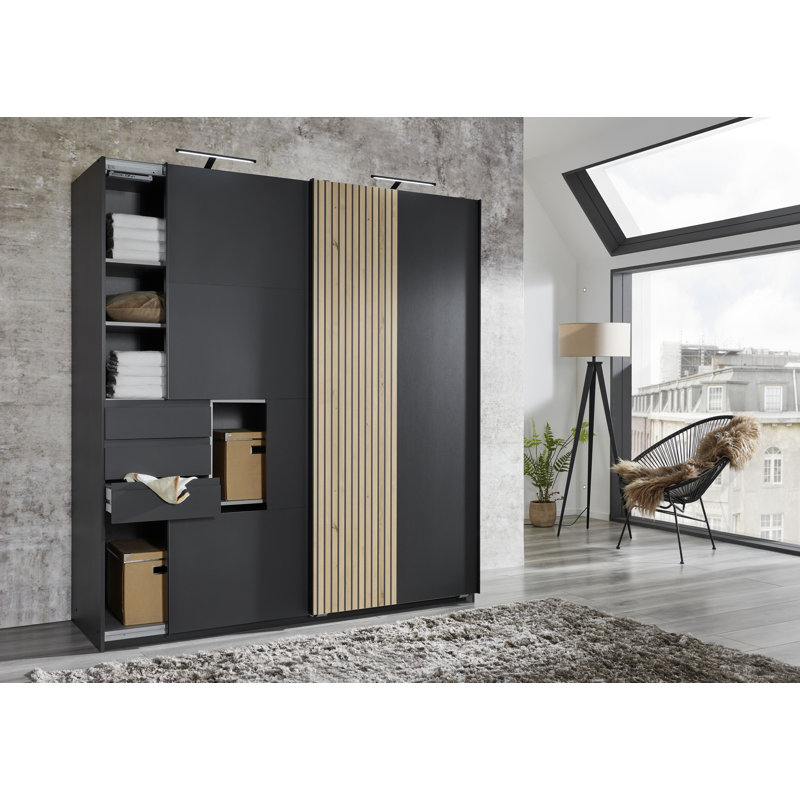 Nadije 2 Door Manufactured Wood Wardrobe, Graphite/Acoustic Slats-NB ARTISAN