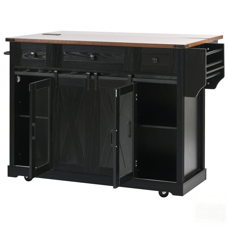 Versatile Farmhouse Kitchen Island With Storage, Sliding Barn Door, Metal Grid Side, And Rolling Wheels For Modern Kitchens