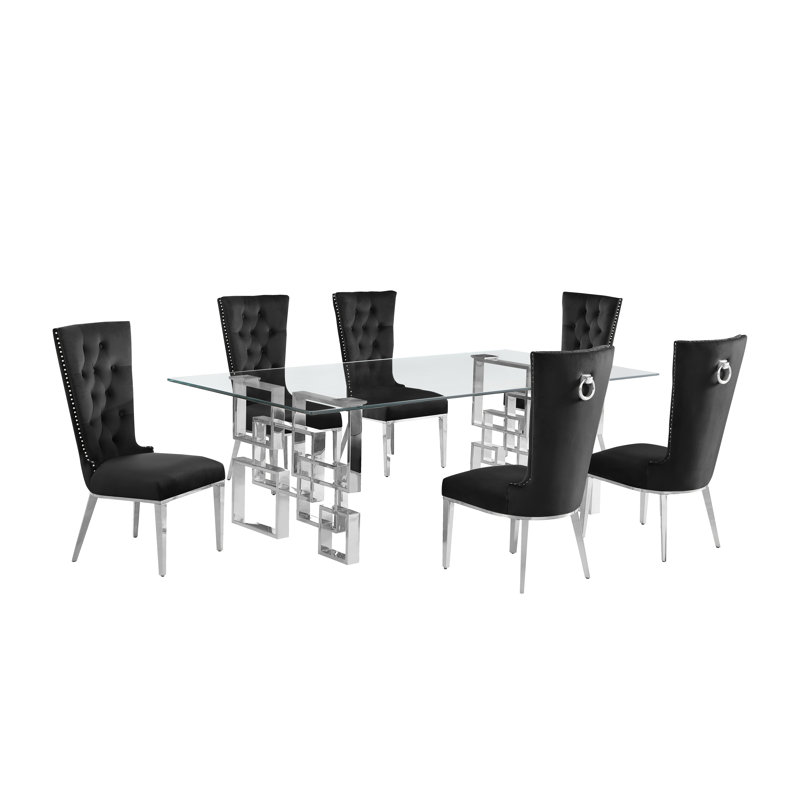 Ensemble de salle à manger rectangulaire en verre transparent avec chaises en velours L 95 po x l 46 po Borel, Noir / argent