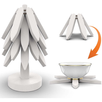 Wooden Trivets For Hot Dishes,Tree Shape Trivet Set, 4 Wooden Trivets+1 Stand, Natural Foldablekitchen Wooden Trivet For Hot Dishes、Pot、Bowl、Teapot、Hot Pot Holders (White)