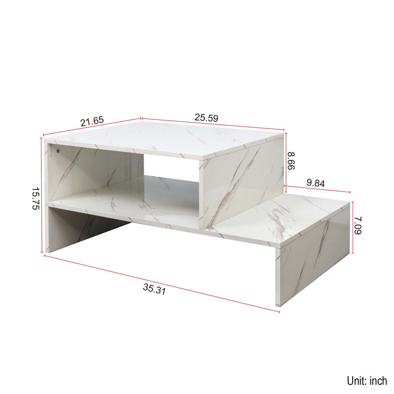 Modern Coffee Table with Unique Architectural Shape & Open Shlef, White