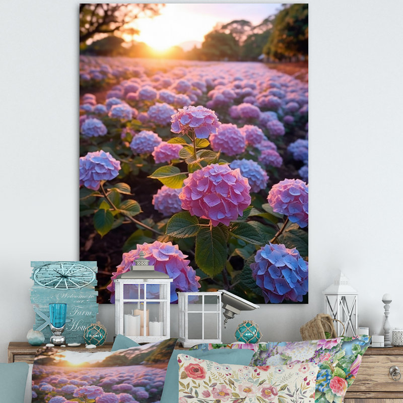 Fleurs d'hortensia mauves et bleues sur toile, H 40 po x l 30 po x P 1 po, Toile tendue
