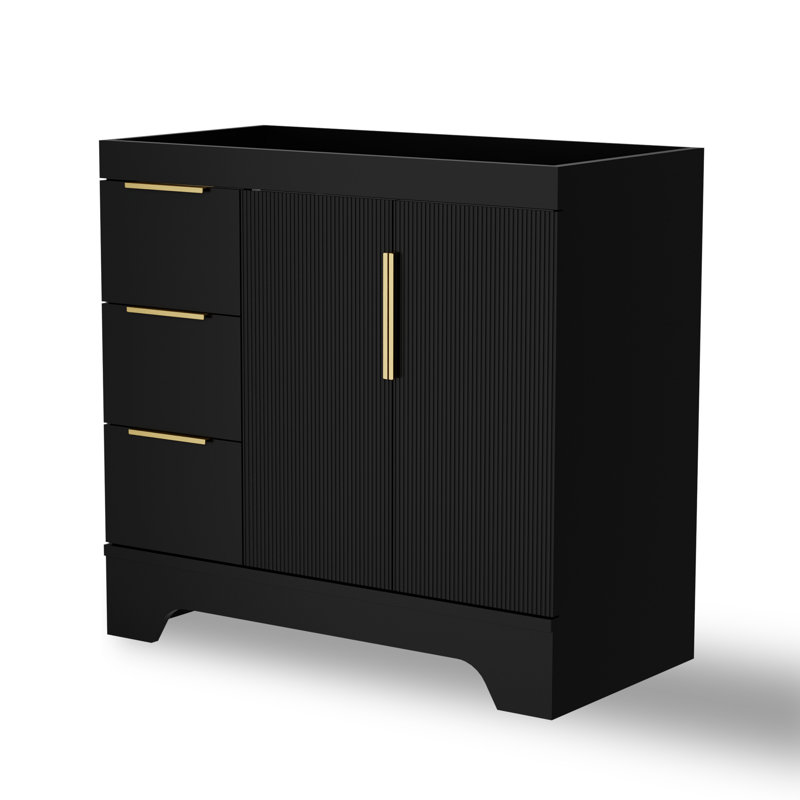 Base de meuble-lavabo simple 36 po Mid-Century moderne, sans comptoir d'évier, Noir, Doré