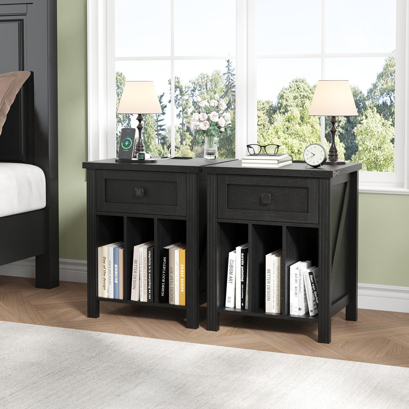 Night Stand Set 2 With Charging Station, Black, Set of 2