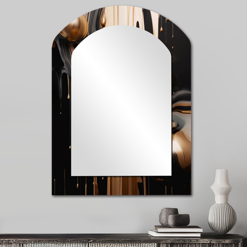 Gold And Black Marbled Euphoria IV - Marble Asymmetrical Unique Wall Mirror Decor, Gold Arch Large Mirror, Printed Metal Art