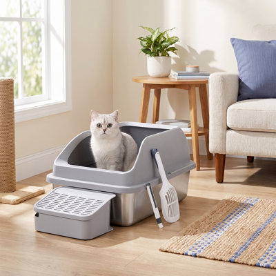 Stainless Steel Cat Litter Box with High Sides and Step