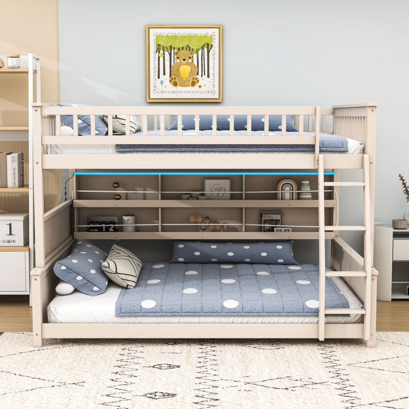 Wood Bunk Bed with Shelves and Lights, Beige, Full XL Over Queen