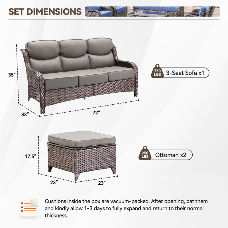 Meriline Wicker 3 - Person Modular Patio Sofa Seating Group With 6" Thick Cushions, Brown, Gray