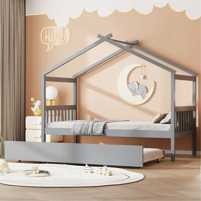 Lit simple en bois avec lit gigogne simple, gris