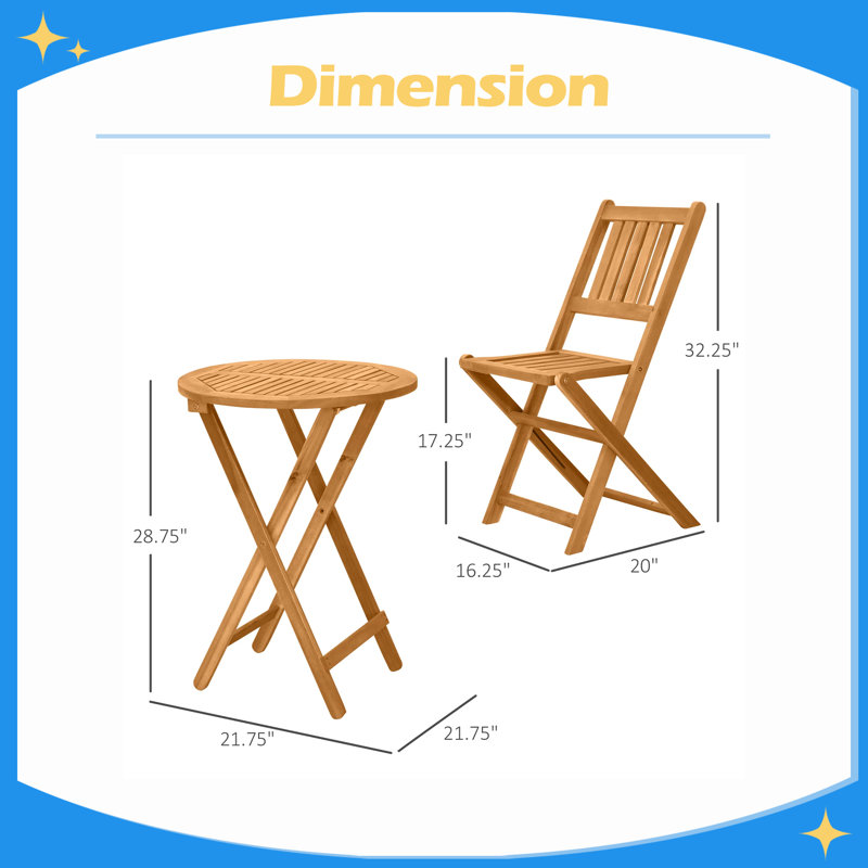 Ensemble bistro 3 pièces pour le patio, bistro pliant en bois d'acacia, ensemble deux chaises carrées pour l'extérieur, finition à lattes