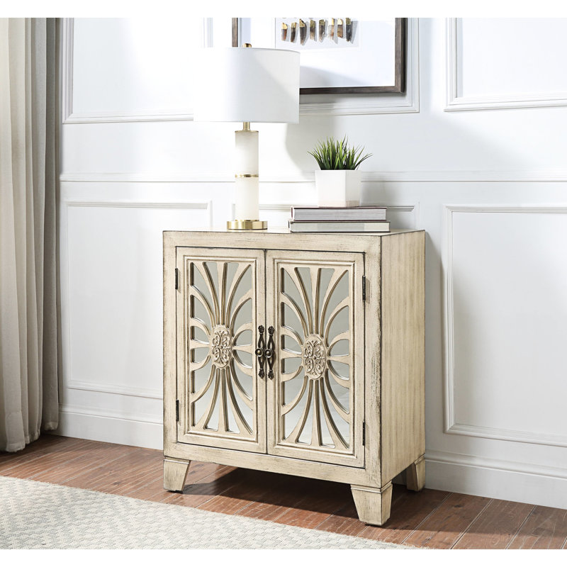 Armoire console antique blanche - 2 portes rectangulaires effilées avec 1 tablette de rangement et miroir à l'avant assemblé: l 28 po x P 15 po; H 32 po. Pieds de table: l 28 po x P 15 po x H 32 po