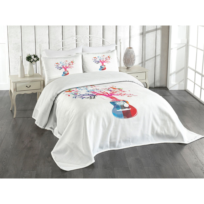 Ambesonne Guitar Bedspread Set Tree Butterflies Multicolor, King Bedspread + 2 Standard Shams