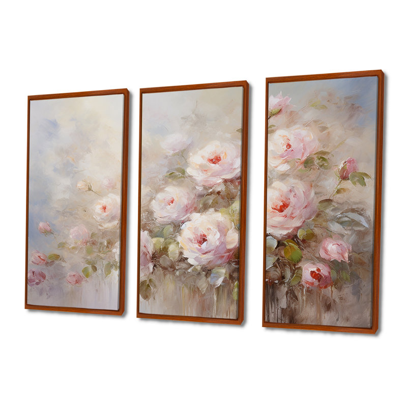 «Pink Roses Farmhouse Charm» - ensemble de décorations murales roses, H 32 po x l 48 po x P 1 po, Cadre flottant brun