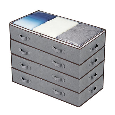 Collapsible Under Bed Storage Bin 90L 4-Pack Large Fabric Organizer with Clear Window and Reinforced Handles for Clothes Bedding Blankets Pillows Closet Storage Solution Gray