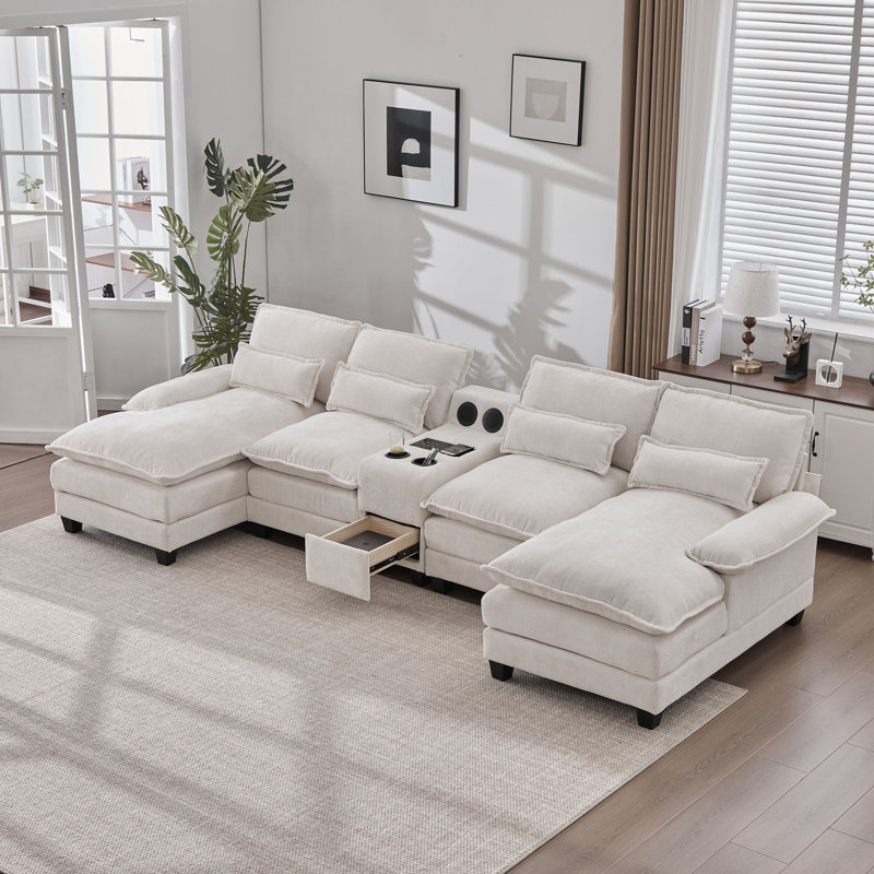 127'' Sectional Couches For Living Room,U Shaped Cloud Couch Sectionals With Console Bluetooth Speaker For Living Room-Beige