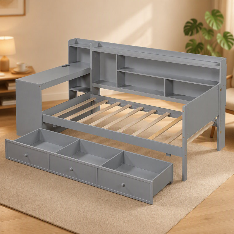 Lit de jour multifonctionnel simple avec trois tiroirs, ports USB et bureau pour une vie confortable et une utilisation efficace de l'espace