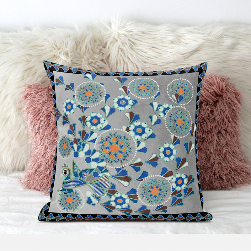 Coussin décoratif d'intérieur pour l'extérieur 26 po x 26 po, Floral gris / noir
