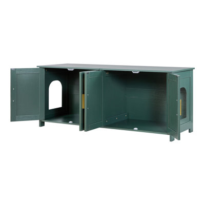Enclos pour bac à litière pour chats, meuble de rangement de 120 cm avec 4 portes en rotin et 2 entrées, salle de bain intérieure pour chats, maison pour chat en bois, vert, compatible avec la plupart des bacs à litière