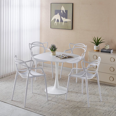 Ensemble de salle à manger 1 + 4,5 pièces, table de salle à manger à pieds en métal Mid-Century pour 4-6 personnes avec plateau en panneau de fibres à densité moyenne, table de salle à manger à piédestal, table basse de loisir, ensemble blanc