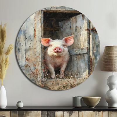 «Farm Pig Portrait Of Happiness I» - reproduction de cochon sur un cercle en métal, art mural moderne en métal rose