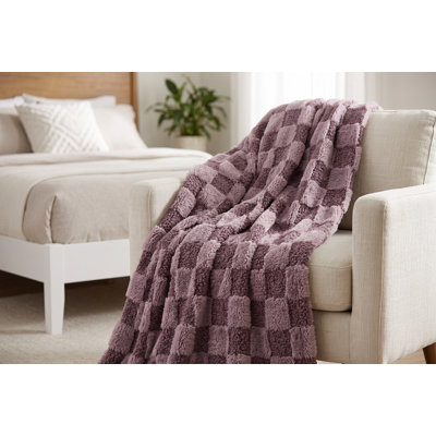 Plush Checkerboard Faux Fur and Teddy Throw Blanket with Warm Sherpa Reverse, 48 x 60 inches, Decorative and Cozy Jacquard Knit Throw for Couch or Bed, Mauve