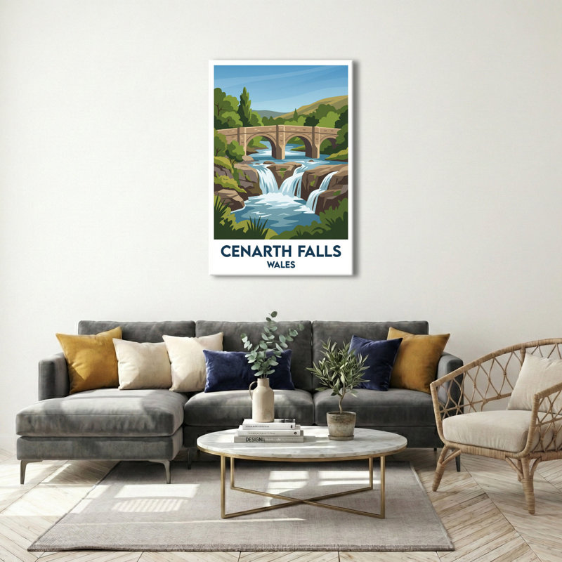 Cenarth Falls, Wales - Romantic Waterfall And Stone Bridge Travel Poster. Giclee Print On Wrapped Canvas. Wall Art, Home Decor - Natural Landmarks, Wales - Wrapped Canvas Print