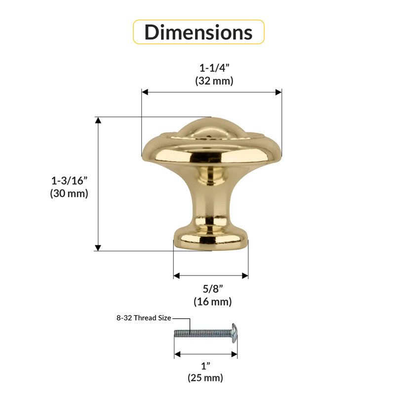 Bouton d'armoire champignon Brixwell BXB322035, diamètre de 1-1 / 4 po, projection de 1-3 / 16 po, zinc, finition laiton poli