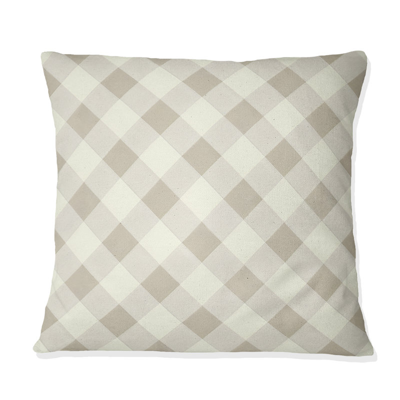 Coussin décoratif moderne beige et gris Gingham I, H 18 po x l 18 po
