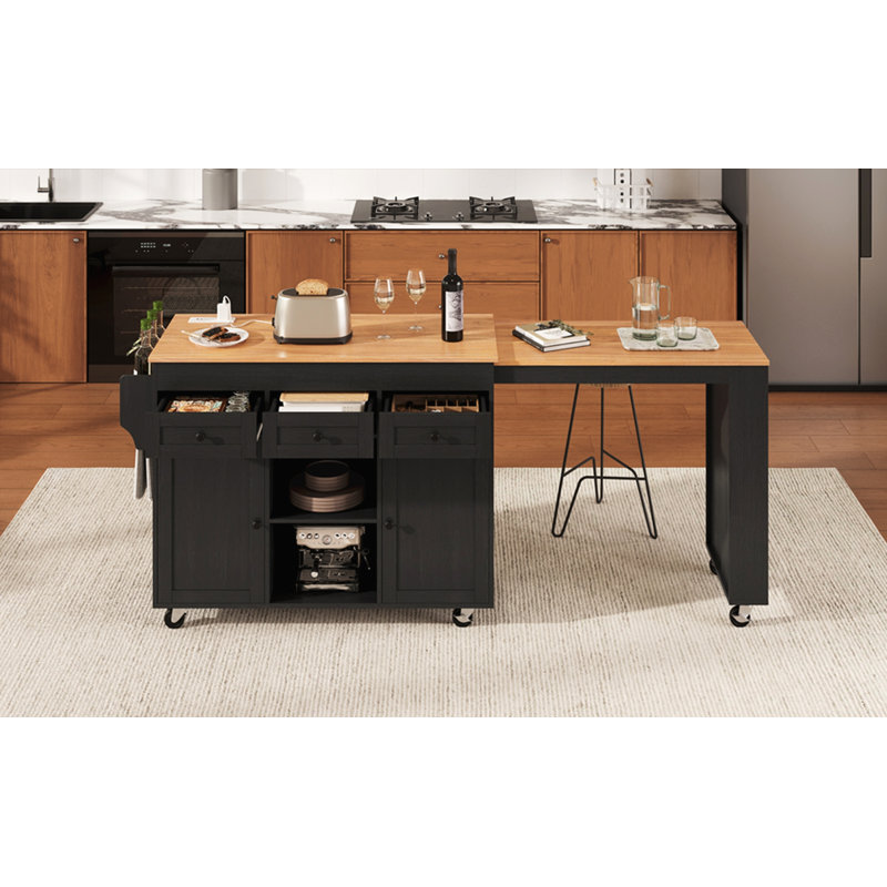 85.5" Kitchen Island with Extendable Dining Table, Black