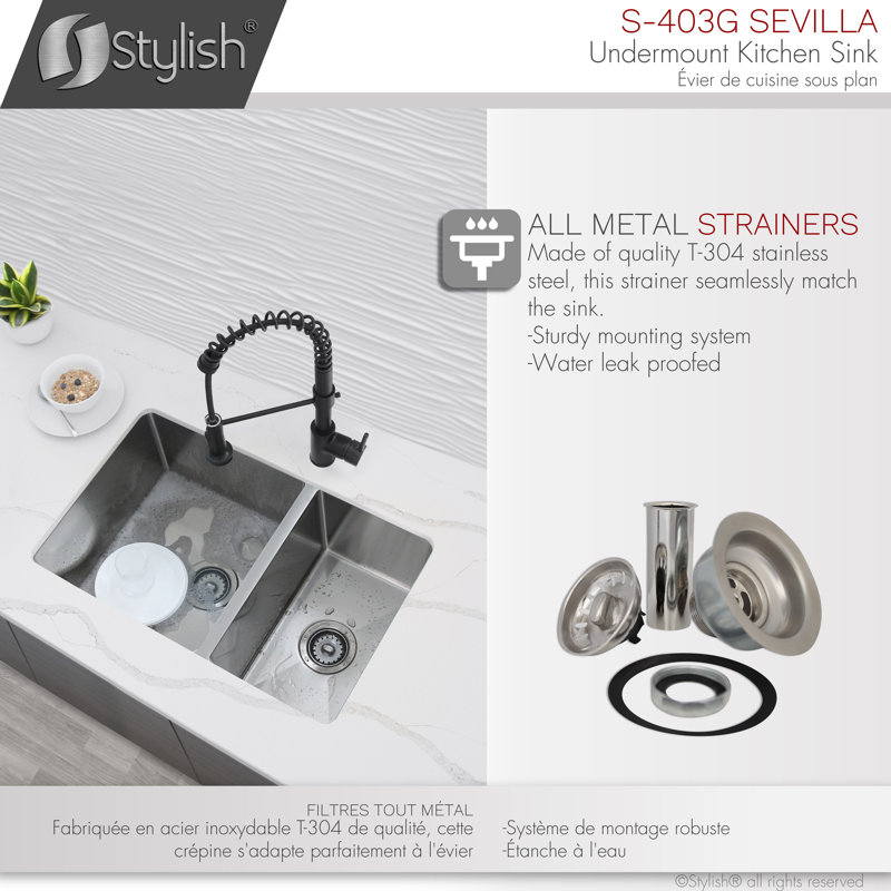 Stylish 28" Stainless Steel Double Bowl Undermount Kitchen Sink